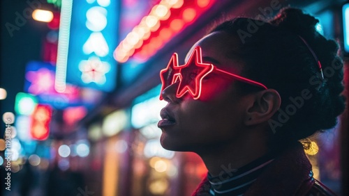 A profile view of a person with playful starshaped glasses featuring a vivid red tint. The surrounding neon lights blur into a colorful bokeh emphasizing the whimsical nature of photo