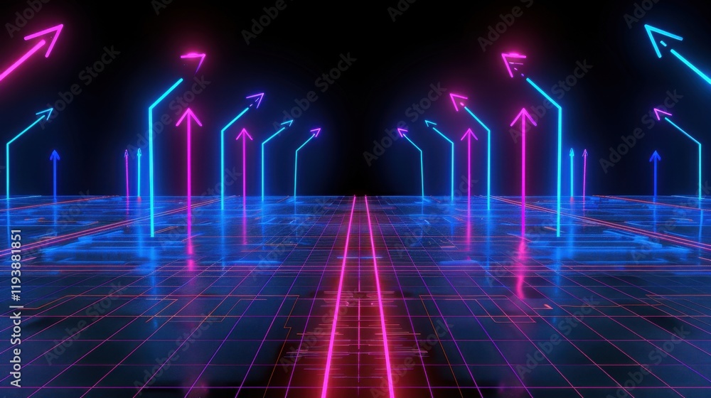 Futuristic neon arrows illuminate digital landscape, creating vibrant and dynamic atmosphere. glowing lines and grid evoke sense of movement and technology Futuristic neon arrows illuminate digital landscape, creating vibrant and dynamic atmosphere. glowing lines and grid evoke sense of movement and technology