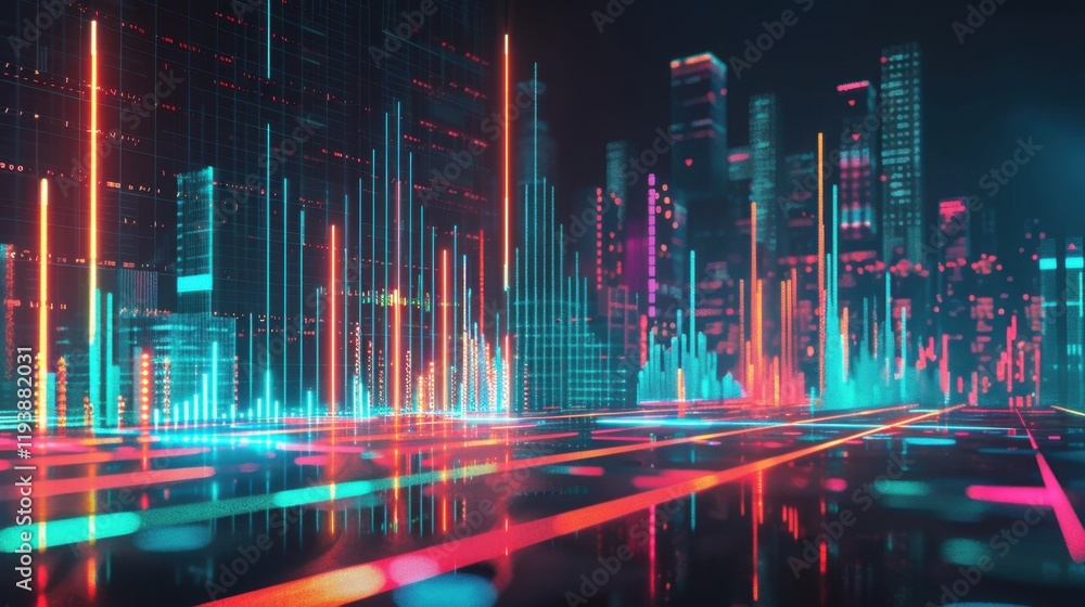Futuristic cityscape with vibrant neon lights and data visualization elements, showcasing digital landscape filled with colorful graphs and bars Futuristic cityscape with vibrant neon lights and data visualization elements, showcasing digital landscape filled with colorful graphs and bars