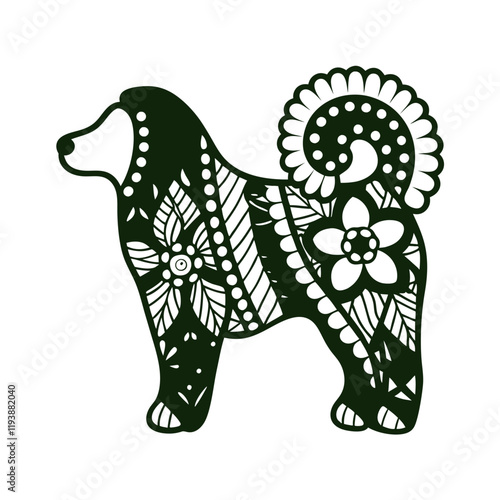 Black and White Vector Illustration of an Ethnic Dog, Featuring Intricate Tribal Patterns, Loyal Expression, and Bold Cultural Elements, Perfect for Wildlife Art