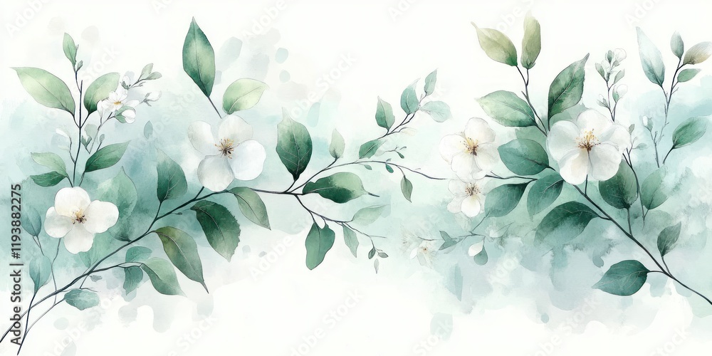 Watercolor illustration of green leaves and white flowers for wedding stationery backgrounds and decor Watercolor illustration of green leaves and white flowers for wedding stationery backgrounds and decor