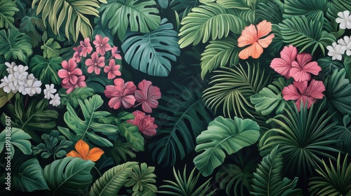 Vibrant Tropical Leaves and Flowers Artful Background Design