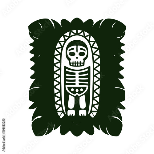 Black and White Vector Illustration of an Ethnic Skeleton, Featuring Intricate Tribal Patterns, Bold Bone Structure, and Cultural Elements, Perfect for Symbolic Art