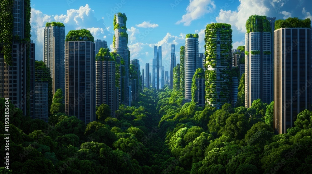 Obraz premium Lush Green Cityscape with Skyscrapers Surrounded by Nature's Abundance