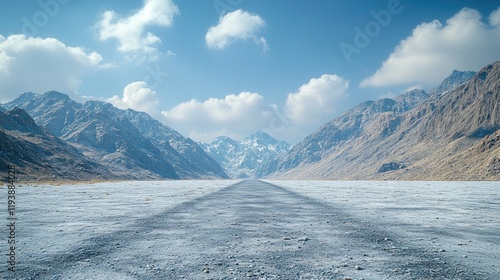 Empty mountain road leading to snowy peaks under blue sky, potential car ad backdrop. photo