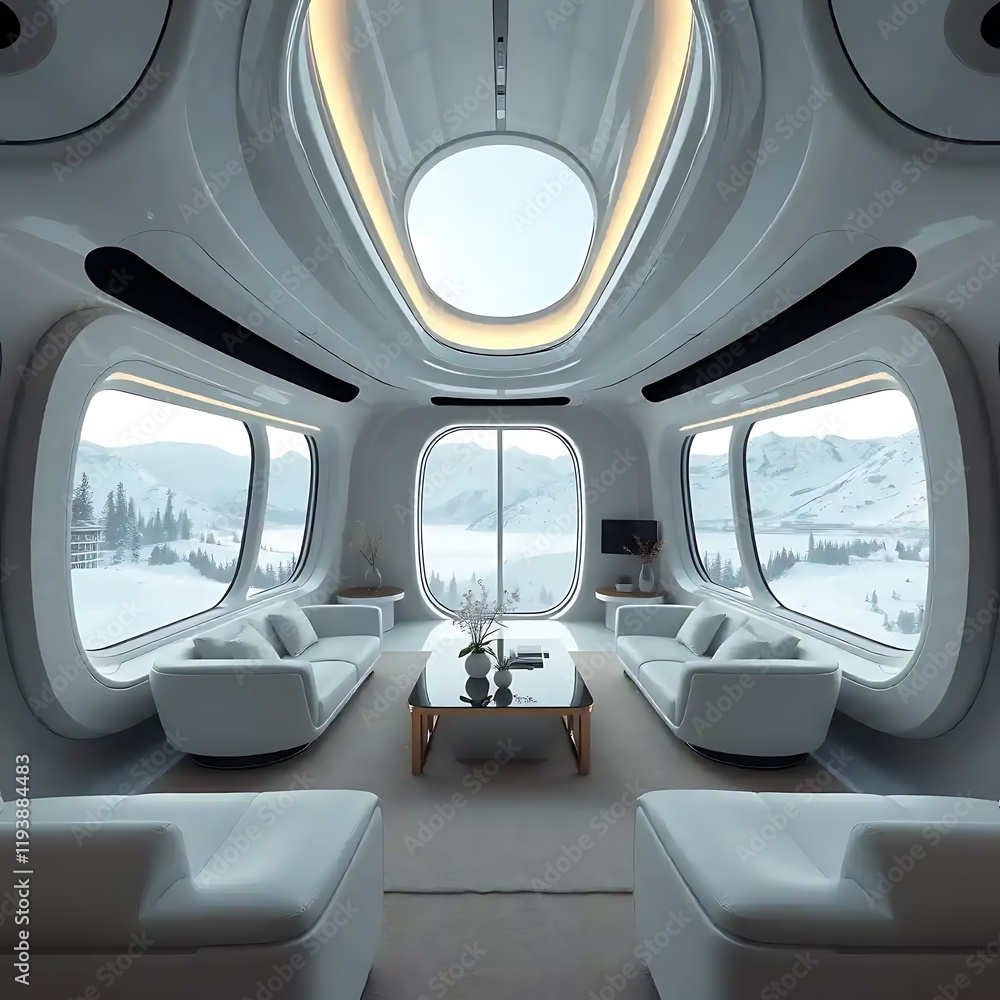 Futuristic Lounge with Panoramic Snowy Mountain Views Futuristic Lounge with Panoramic Snowy Mountain Views