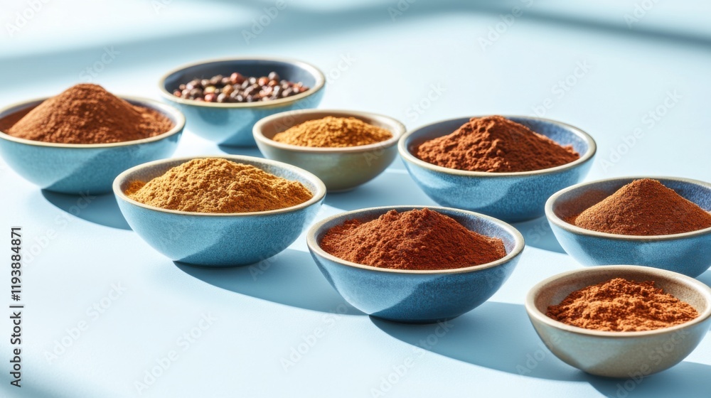 Vibrant Bowls of Colorful Spices and Powders Arranged in a Beautiful Gradient Display with Natural Light and Flat Lay Perspective Vibrant Bowls of Colorful Spices and Powders Arranged in a Beautiful Gradient Display with Natural Light and Flat Lay Perspective