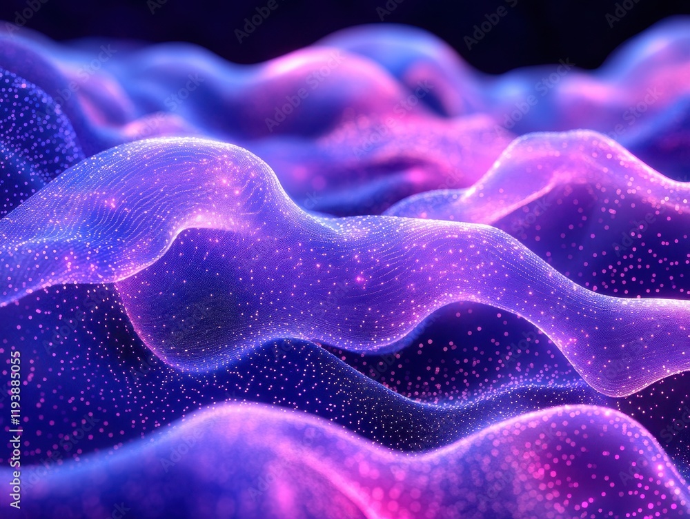 Obraz premium Abstract waves of colorful light with glowing particles in shades of purple, blue, and pink creating a mesmerizing flowing digital landscape background