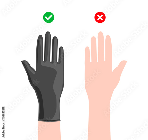 Hangs Right and wrong without wearing gloves cartoon Black rubber cleaning protective Gloves Fashion hand accessory clothing technical illustration garment. Vector for Men, women flat template style