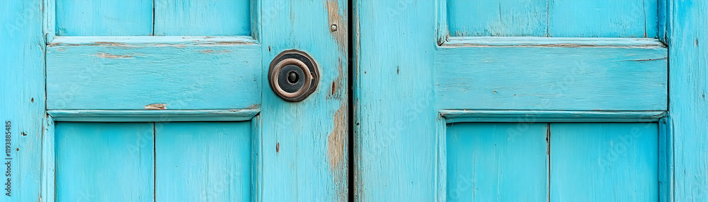 Weathered Teal Door with Antique Knob, A Glimpse into Rustic Charm and Aged Beauty.  Old Wooden Panels