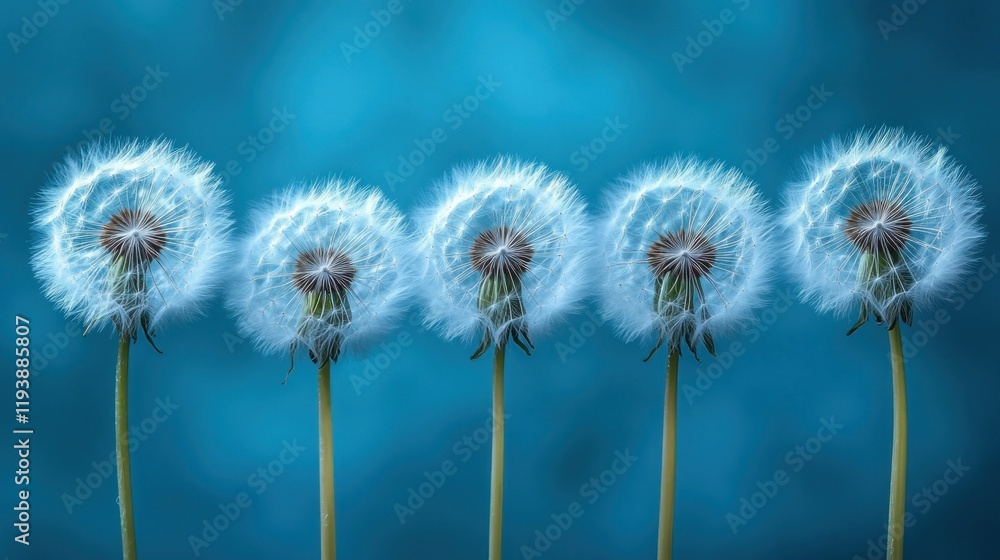 Five dandelions seedheads on blue background, ready to disperse. Five dandelions seedheads on blue background, ready to disperse.