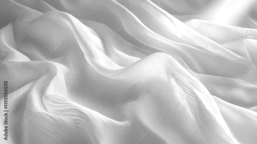Flowing white sheer fabric draped, light in background, textile design. Flowing white sheer fabric draped, light in background, textile design.