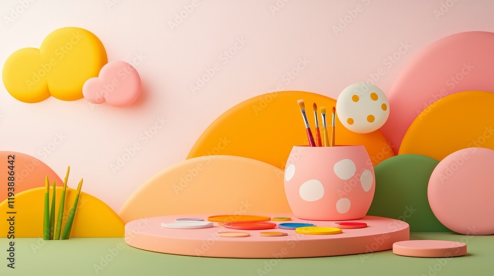 Colorful Abstract Painting Setup with Brushes, Palette, and Soft Cloud Decorations Colorful Abstract Painting Setup with Brushes, Palette, and Soft Cloud Decorations