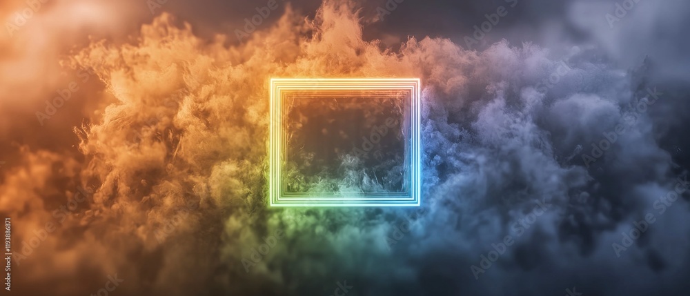 Neon Glow Frame in Abstract Smoke Clouds Futuristic Background Neon Glow Frame in Abstract Smoke Clouds Futuristic Background