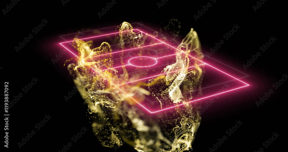 Fototapeta premium Image of network of yellow particles floating over pink neon basketball court on black