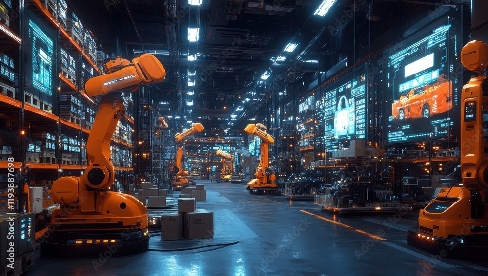 Fototapeta premium Advanced Robotic Manufacturing Facility Featuring Multiple Industrial Robots in a High-Tech Environment with Bright Lighting and High-End Technology Displays