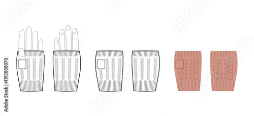 Set of Gloves Fingerless Knit Wool Short length rose beige cartoon and flat mockup sketch outline Fashion hand accessory clothing technical illustration garment. Vector for Men, women style template