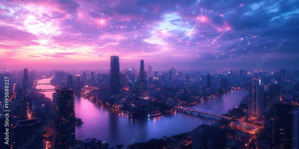 Fototapeta premium Aerial View of a Vibrant Cityscape at Dusk with Dramatic Cloudy Sky and Bright City Lights, Representing Urban Technology and Connectivity Concept