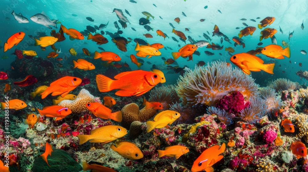 Fototapeta Colorful Tropical Fish Swimming Above Vibrant Coral Reef Scene