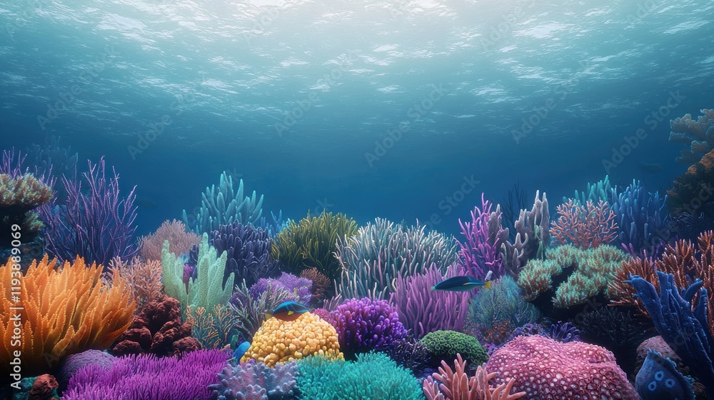 Fototapeta premium Vibrant Underwater Coral Reef with Diverse Marine Life Colors