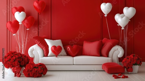 Stylish Valentine-themed living room with a comfortable sofa, balloons, and roses, creating a romantic and festive atmosphere.