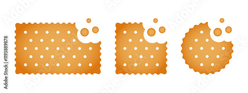 Set of bitten crackers with crumbs. Sweet or salty biscuit cookies in rectangle, square and round shapes. Crunchy snacks isolated on white background. Vector cartoon illustration.