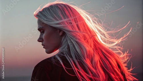 A profile view of a person with long flowing silver hair dramatically lit with a deep crimson hue. The contrasting light brings out the shimmering highlights in the hair creating a
