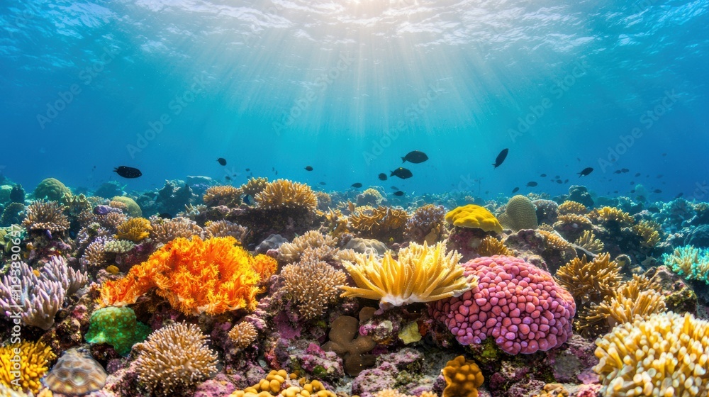 Obraz premium Vibrant Coral Reef Underwater Scene with Sunlight Rays and Fish