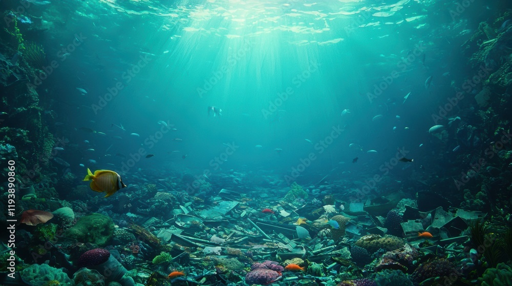Obraz premium Underwater Scene Showing Marine Life Amongst Ocean Pollution Debris