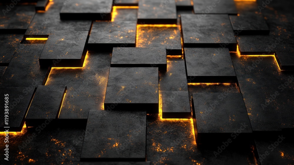 Glowing cracks between dark 3D cubes, abstract background, digital art. Glowing cracks between dark 3D cubes, abstract background, digital art.