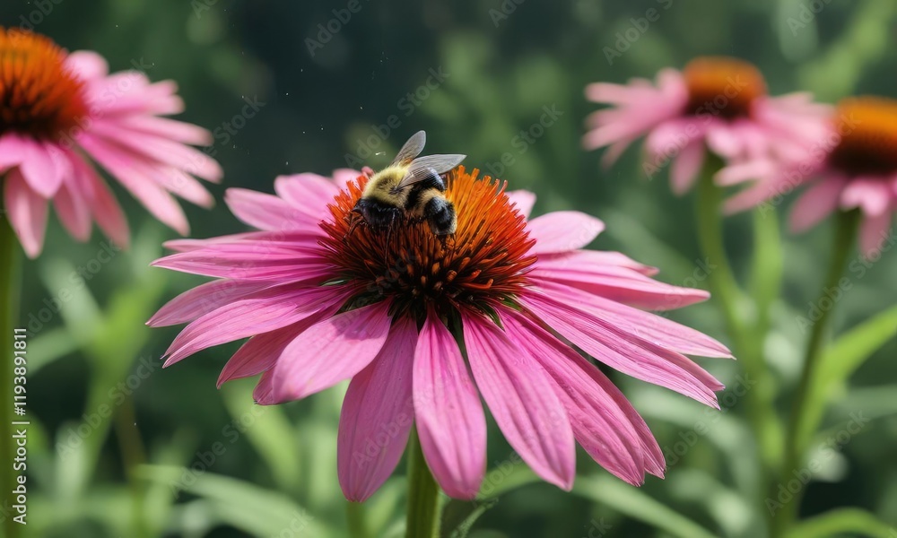A bumblebee collecting pollen from a bright pink coneflower, collect, nature, pollen A bumblebee collecting pollen from a bright pink coneflower, collect, nature, pollen