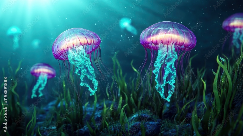Glowing Jellyfish Floating Gracefully in Underwater Environment Glowing Jellyfish Floating Gracefully in Underwater Environment