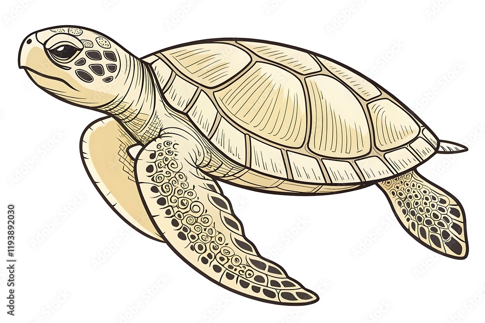 Obraz premium Detailed Illustration of a Sea Turtle Swimming Gracefully in Ocean Waters, Showcasing Unique Shell Patterns and Textures in a Vibrant Ocean Environment