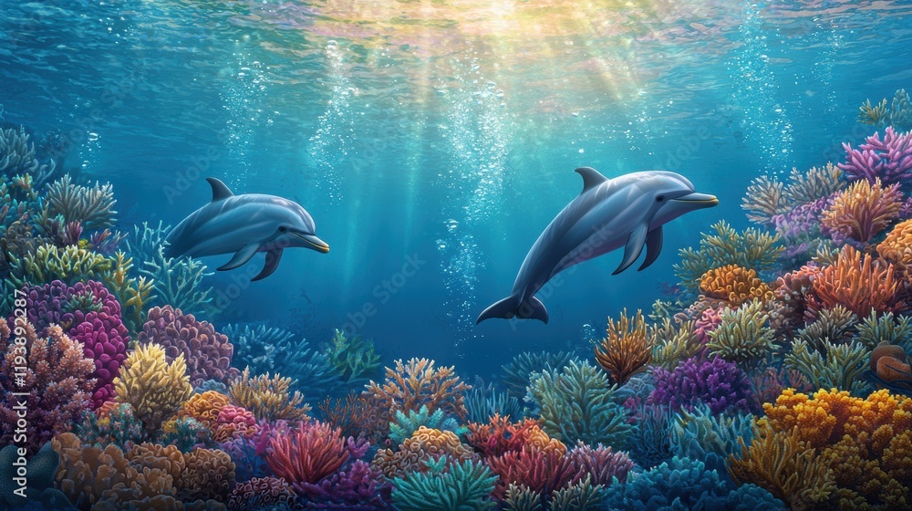 Fototapeta premium Two Dolphins Swimming Over Colorful Coral Reef Underwater Scene