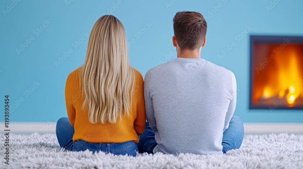 Fototapeta premium Cozy Couple Sitting Together by the Fireplace at Home