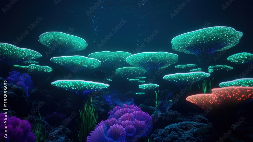Fototapeta premium Colorful Glowing Coral Forest Underwater Scene in Ocean Depths