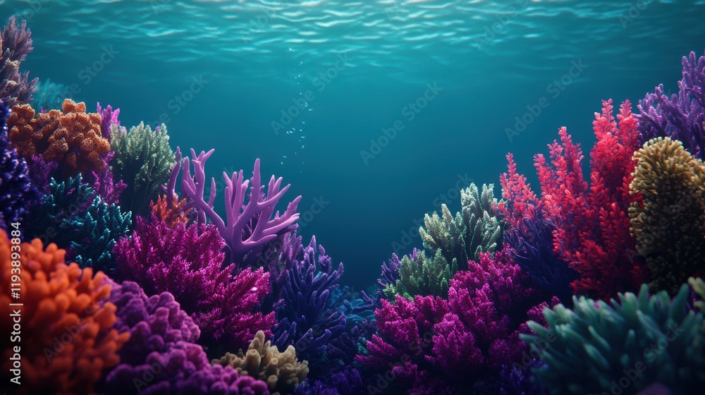 Fototapeta premium Vibrant Underwater Scene with Colorful Coral Reefs and Bubbles