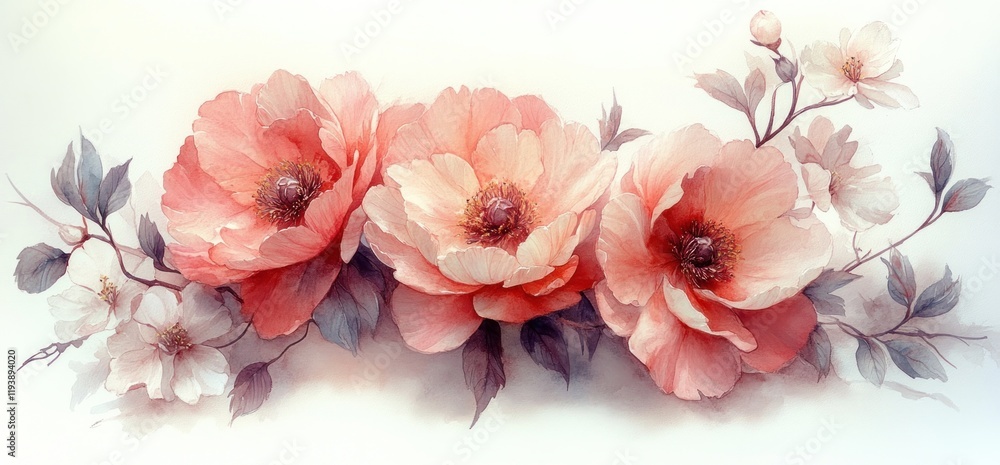 Obraz premium Watercolor Floral Arrangement Template Collection Wedding Invitation Greeting Card Background with Pink Peonies and White Blossoms