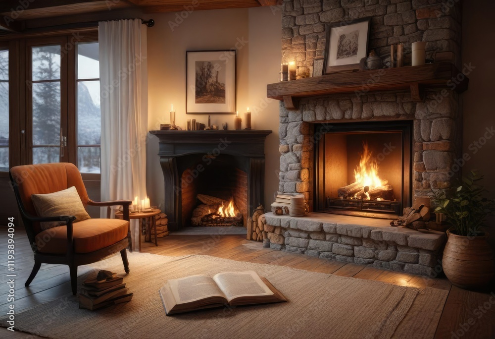 A cozy reading nook beside a warm fireplace with a good book and a cup of hot tea, reading nook, tea, fireplace A cozy reading nook beside a warm fireplace with a good book and a cup of hot tea, reading nook, tea, fireplace
