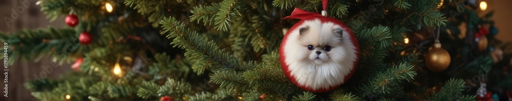 A little ball of fluff snuggled up among the branches of a festive Christmas tree, glittery, playful, Festive tree A little ball of fluff snuggled up among the branches of a festive Christmas tree, glittery, playful, Festive tree