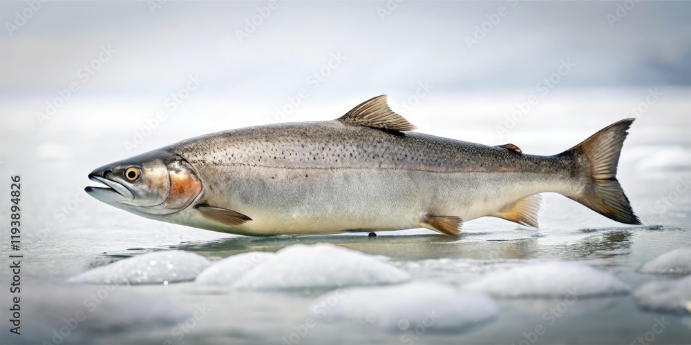 A lone salmon swims in a shallow pool on an icy white surface, fish, pool A lone salmon swims in a shallow pool on an icy white surface, fish, pool