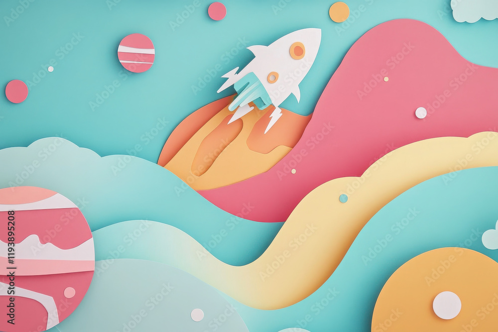 A colorful paper-cut style illustration of a rocket launching into a vibrant space scene. A colorful paper-cut style illustration of a rocket launching into a vibrant space scene.