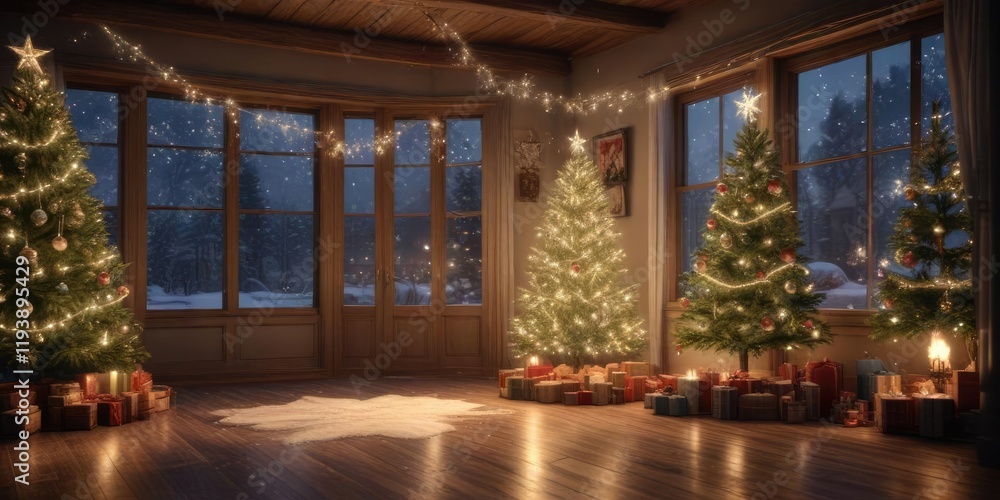 A magical Christmas Eve scene with sparkling lights and snowflakes , cozy, sparkling lights, holiday A magical Christmas Eve scene with sparkling lights and snowflakes , cozy, sparkling lights, holiday