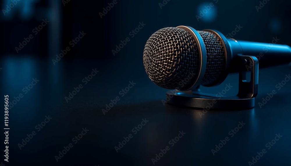 Obraz premium Professional Condenser Microphone on Stand Dark Blue Studio Background Close up Shot