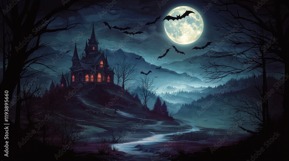 Spooky Halloween Night  Haunted Castle  Bats  Full Moon  Dark Landscape
