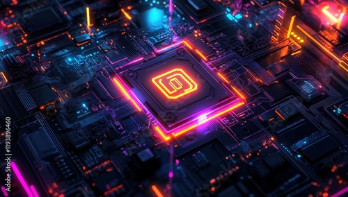 Futuristic Close-Up of a Computer Circuit Board with Neon Lights and glowing Processor in a High-Tech Environment Representing Modern Technology and Innovation