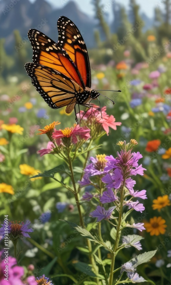 Naklejka premium A monarch butterfly in flight near a patch of colorful wildflowers , butterfly photography, sunlight