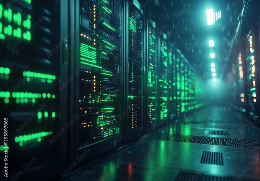 Futuristic Data Center with Rows of Green and Blue Lights Illuminating Server Racks in a High-Tech Environment for Networking and IT Solutions Futuristic Data Center with Rows of Green and Blue Lights Illuminating Server Racks in a High-Tech Environment for Networking and IT Solutions