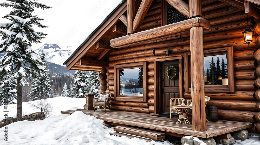 Cozy Wooden Cabin in Snowy Mountains: A Winter Wonderland Getaway. Christmas Decor and Breathtaking View Cozy Wooden Cabin in Snowy Mountains: A Winter Wonderland Getaway. Christmas Decor and Breathtaking View