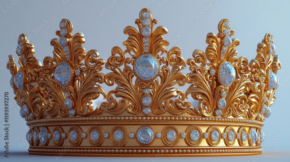 Fototapeta premium Gold crown with diamonds on light background.